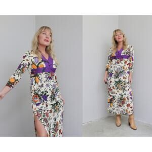 1970's Vintage Empire Waist Floral & Butterfly Cottage Maxi Dress Women's XS SM